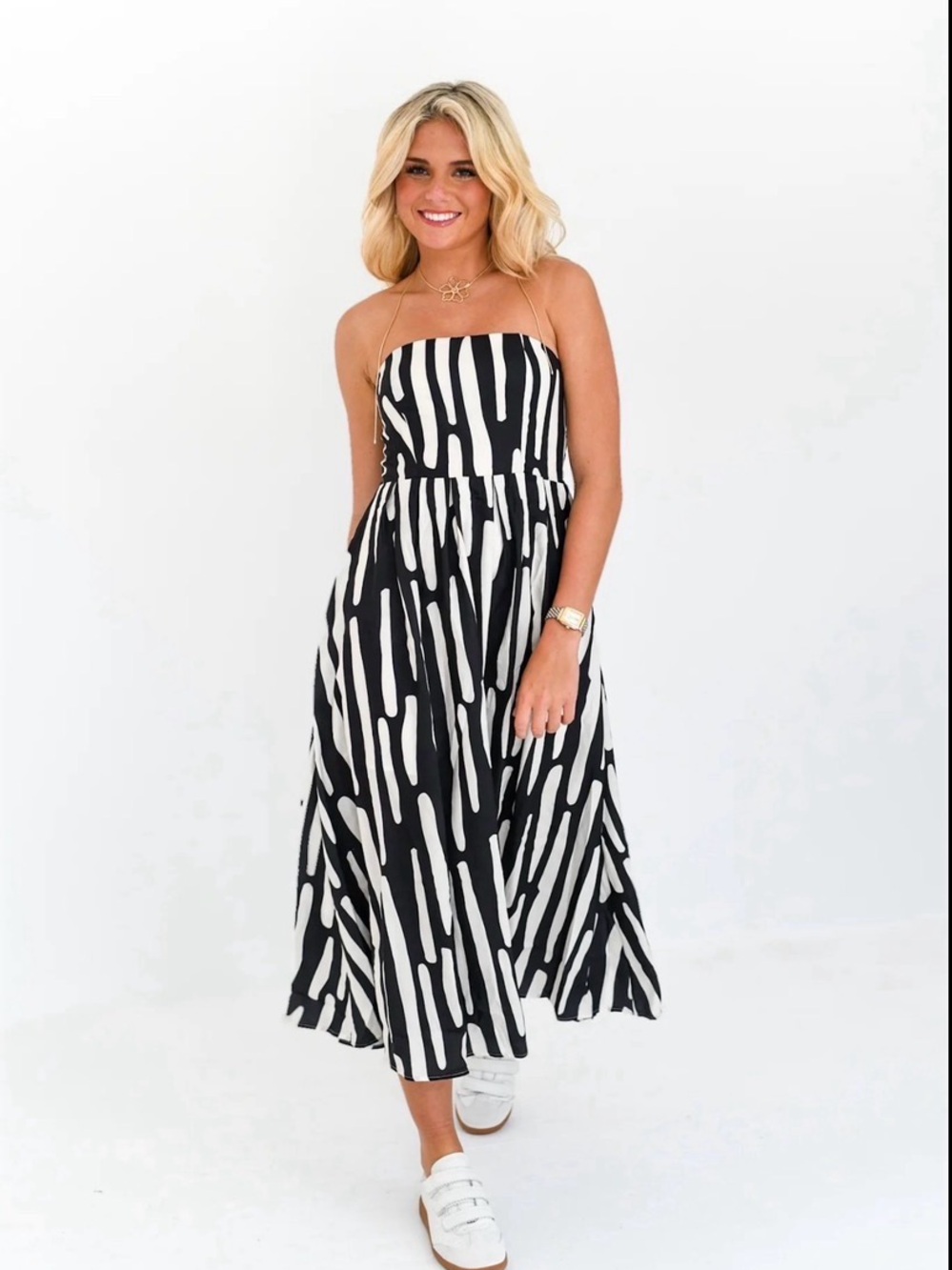 Strapless Black and White Printed Midi Dress - Classic Monochrome